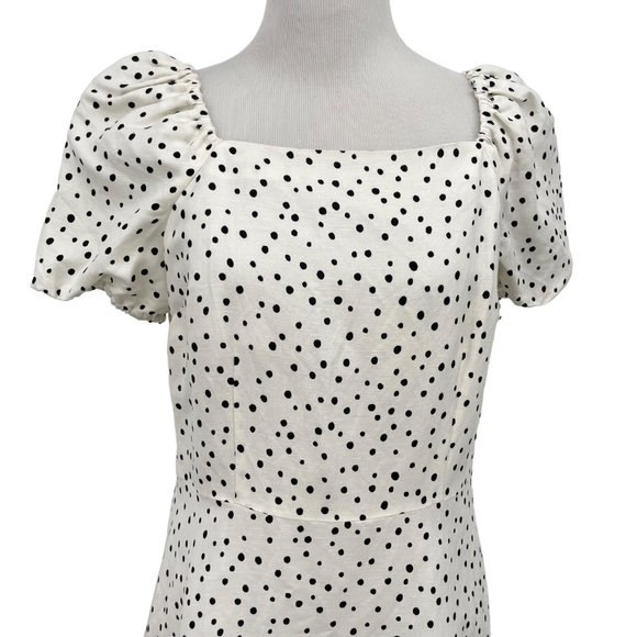 LOFT Size 8P Black Polka Dot Linen Blend Flounce Dress Square Neck Puff Sleeve - Picture 3 of 10